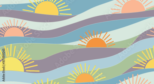 Abstract colorful sunrise landscape with wavy hills and vibrant rays of the sun scene