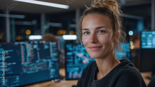 young beautiful female software engineer sitting at modern office