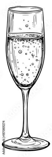 Hand drawn line art illustration of a champagne glass depicting sparkling wine for celebration