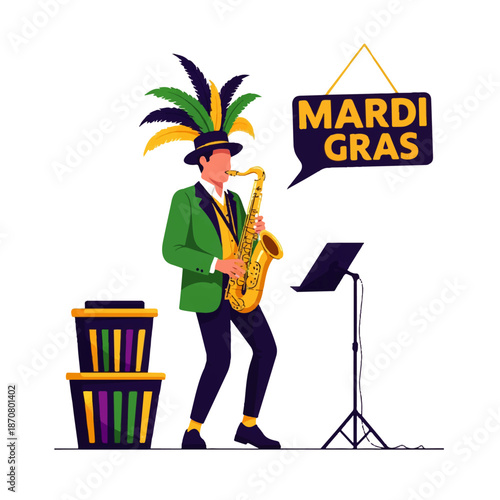 A man in a festive feathered hat and green suit plays a saxophone, celebrating Mardi Gras with colorful decorations and a "Mardi Gras" sign. Perfect for festival themes.