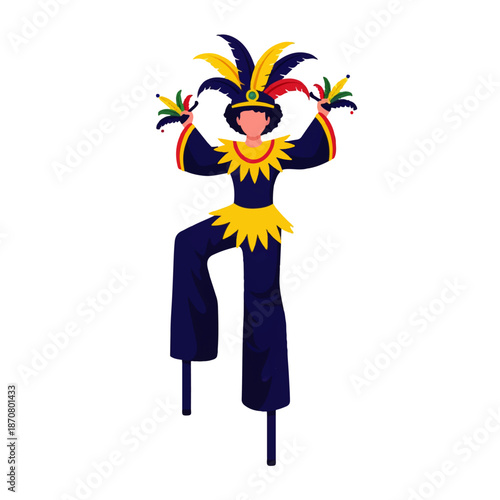 A vibrant illustration of a stilt walker in a festive, feathered costume, celebrating a carnival or parade. Perfect for themes of entertainment and cultural events.