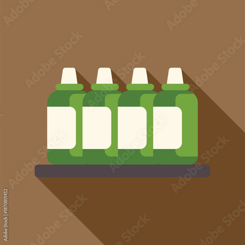 Row of green spray cans with blank labels on a shelf in flat design style