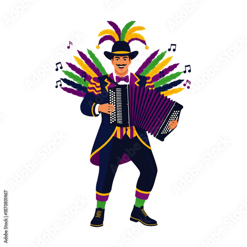 A cheerful man in a vibrant, feathered costume plays an accordion, surrounded by musical notes, evoking a festive and celebratory atmosphere.