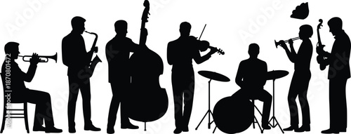 Silhouette of musicians playing various instruments including trumpet saxophone violin and drums on white background