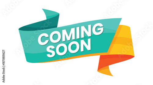 "Coming Soon" E-Commerce Ribbon Badge, Blue and Orange Gradient Flat Style, Promotional Label, Sale Announcement, Editable Vector File