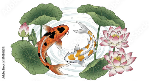 Serene Pond Scene with Koi Fish and Blooming Water Lilies in a Tranquil Garden Setting