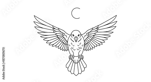 Minimalistic Line Drawing of an Owl with Outstretched Wings Under the Moon
