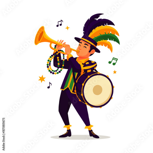 A joyful musician in a vibrant Mardi Gras costume plays a trumpet and drum, surrounded by musical notes and stars, celebrating the festive spirit of carnival.