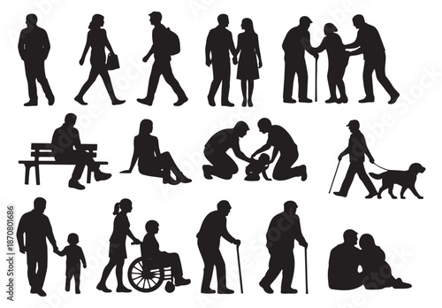 Silhouette human figures set featuring individuals, couples, families, and seniors in various activities for urban life and community