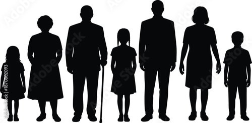 Silhouettes of a diverse family group standing together including children and elderly with a cane