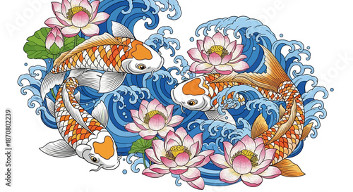 Elegant koi fish swimming amidst blooming pink lotus flowers and flowing blue water