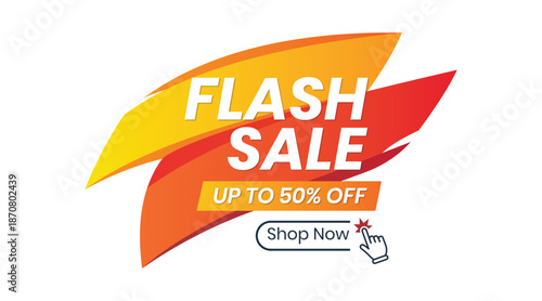 Flash Sale E-Commerce Ribbon Badge with "Up to 50% Off" and "Shop Now Messages", Orange and Yellow Gradient, Online Store, Special Offer, Editable Vector