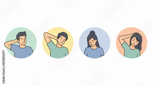 Four people stretching in circular frames with pastel backgrounds
