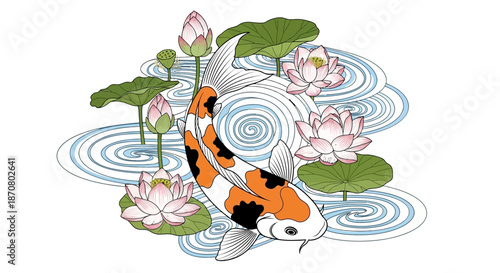 Beautiful koi fish swimming amidst blooming lotus flowers in serene pond