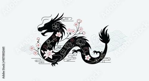 Elegant Black Dragon with Pink Cherry Blossoms in Traditional Style Art