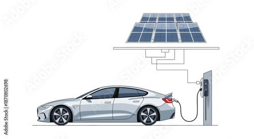 illustration of electric vehicle charging with solar panels generating renewable energy for
