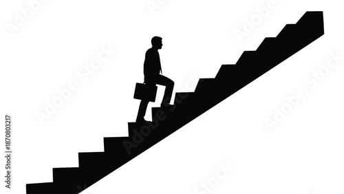 Silhouette of a businessman carrying a briefcase while climbing a diagonal staircase