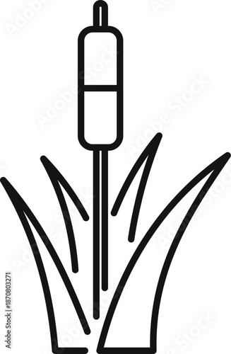 Cattail plant with long blades of grass growing from wetlands in minimalist line art style