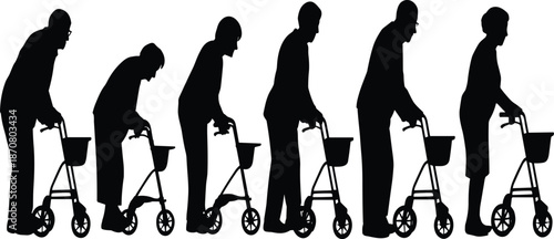 Silhouettes of elderly people walking with walkers in a sequence of motion