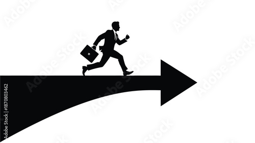Silhouette of a businessman running across a directional arrow symbolizing progress