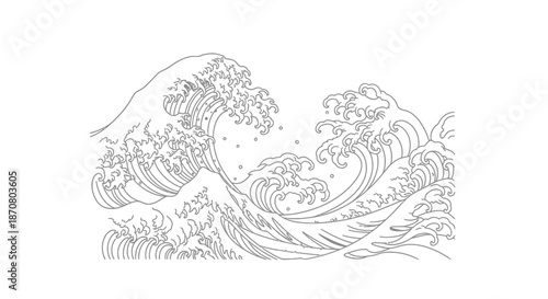 Traditional Japanese woodblock print depicting a powerful ocean wave with intricate detailing and