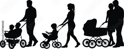 Silhouettes of family members pushing strollers and baby carriages in a line