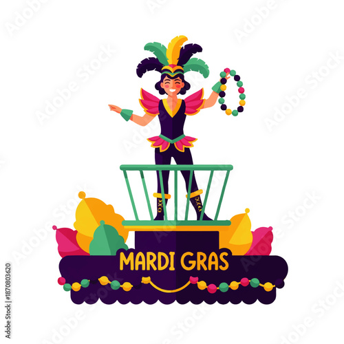 Vibrant illustration of a person in a festive costume on a Mardi Gras float, celebrating the carnival with colorful beads and decorations. Perfect for holiday themes.