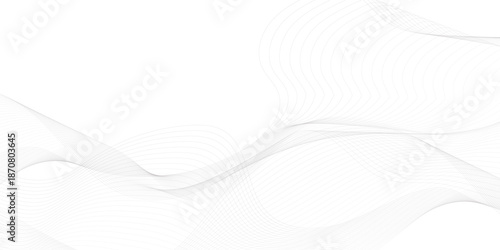 Stylized modern abstract wave design with gray flowing curved lines on a white background, featuring smooth layered transparency, digital motion energy, and a tech business-friendly vector look