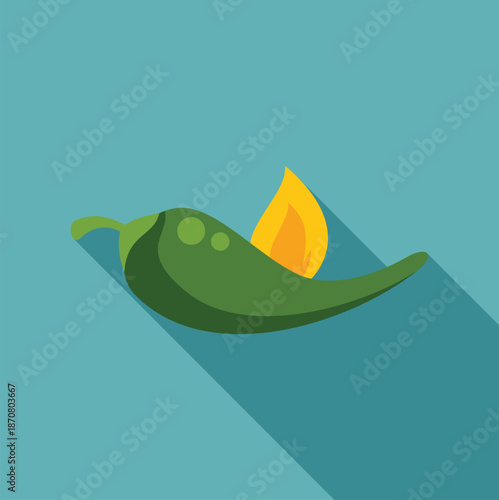 Green jalapeno pepper with a yellow flame symbolizing hot and spicy flavor