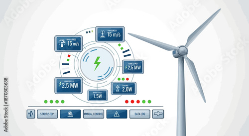 Wind turbine monitoring interface with real-time data display and control panels