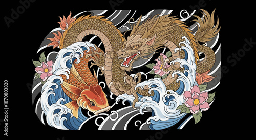 Majestic Japanese-style dragon and koi fish surrounded by waves and cherry blossoms