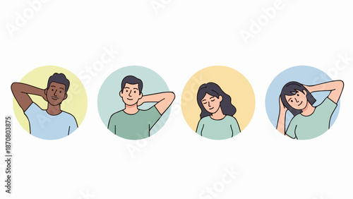 Minimalist illustration of four relaxed characters in circular segments on pastel background