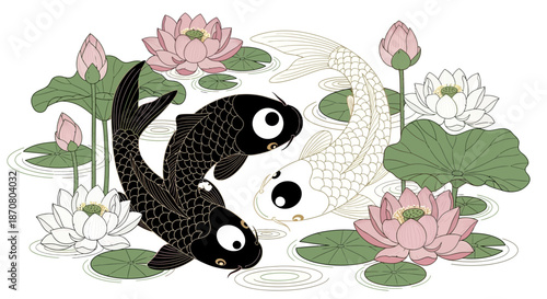 Serene pond scene featuring black and white koi fish swimming amidst pink and white water lilies
