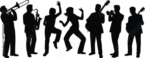 Silhouettes of musicians playing instruments and dancing on a white background trombone saxophone