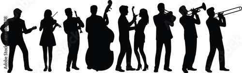 Silhouettes of musicians playing various instruments including guitar violin saxophone cello flute and trumpet