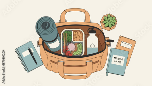 Open brown leather tote bag with yoga mat, bento box, water bottle, notebook, and books on a flat surface