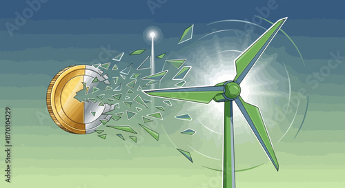 Digital Illustration of a Shattering Coin and Wind Turbine Symbolizing Renewable Energy and