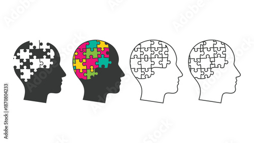 Conceptual illustration of human mind represented by puzzle pieces in head silhouettes