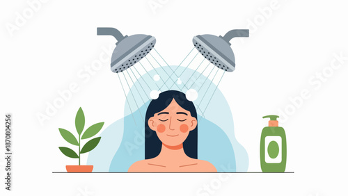 Minimalist illustration of a woman showering with two showerheads, potted plant, and product bottles in a spa-like bathroom