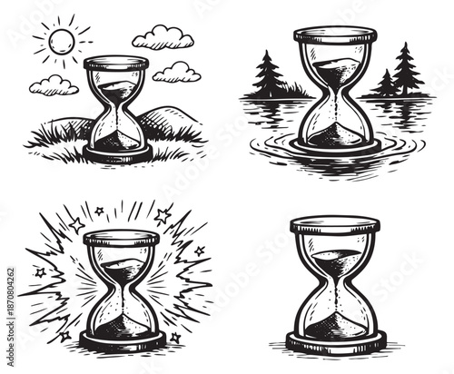 Hand drawn line art hourglass illustrations set featuring time passing, nature elements, and urgency for conceptual designs