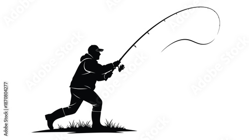 Silhouette of an angler reeling in a fish with a fishing rod