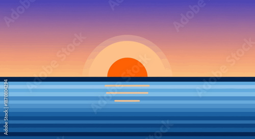 Minimalist Digital Illustration of a Sunset Over Calm Ocean with Gradient Sky