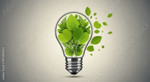 Eco-Friendly Green Energy Concept with Light Bulb Filled with Leaf Imagery for Sustainable