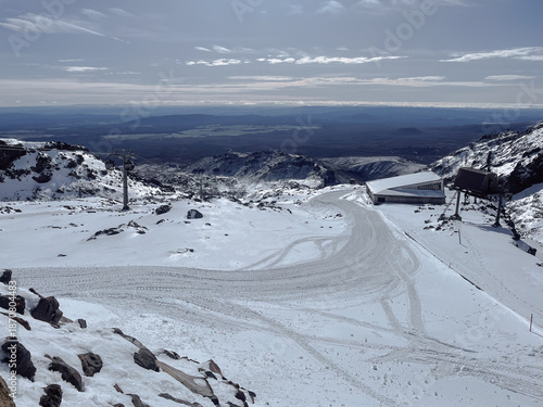 Scenic view taken from Mount Ruapehu in winter time, Whakapapa Ski Resort, New Zealand.