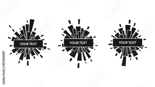 Set of three black and white abstract burst shapes with text placeholders