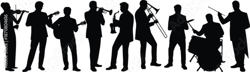 Silhouettes of musicians playing various instruments including violin, guitar, trumpet, trombone, saxophone, and drums
