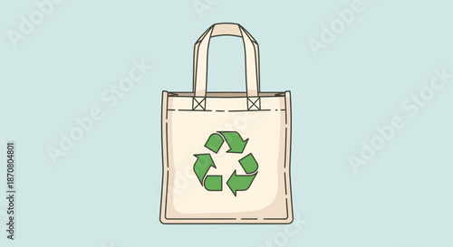 eco-friendly reusable tote bag with recycling symbol on light blue background
