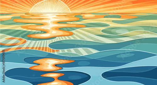 Abstract artistic representation of vibrant sunset reflecting on the ocean waters with warm and