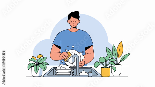 Man washing dishes at a kitchen sink with potted plants on either side
