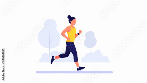 Female runner in mid-stride with vibrant yellow top and dark blue leggings on light purple ground